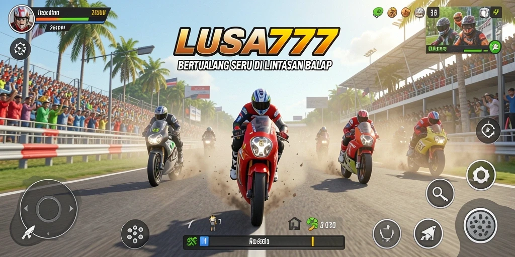 Screenshot gameplay LUSA777 yang menampilkan balapan seru di lintasan.